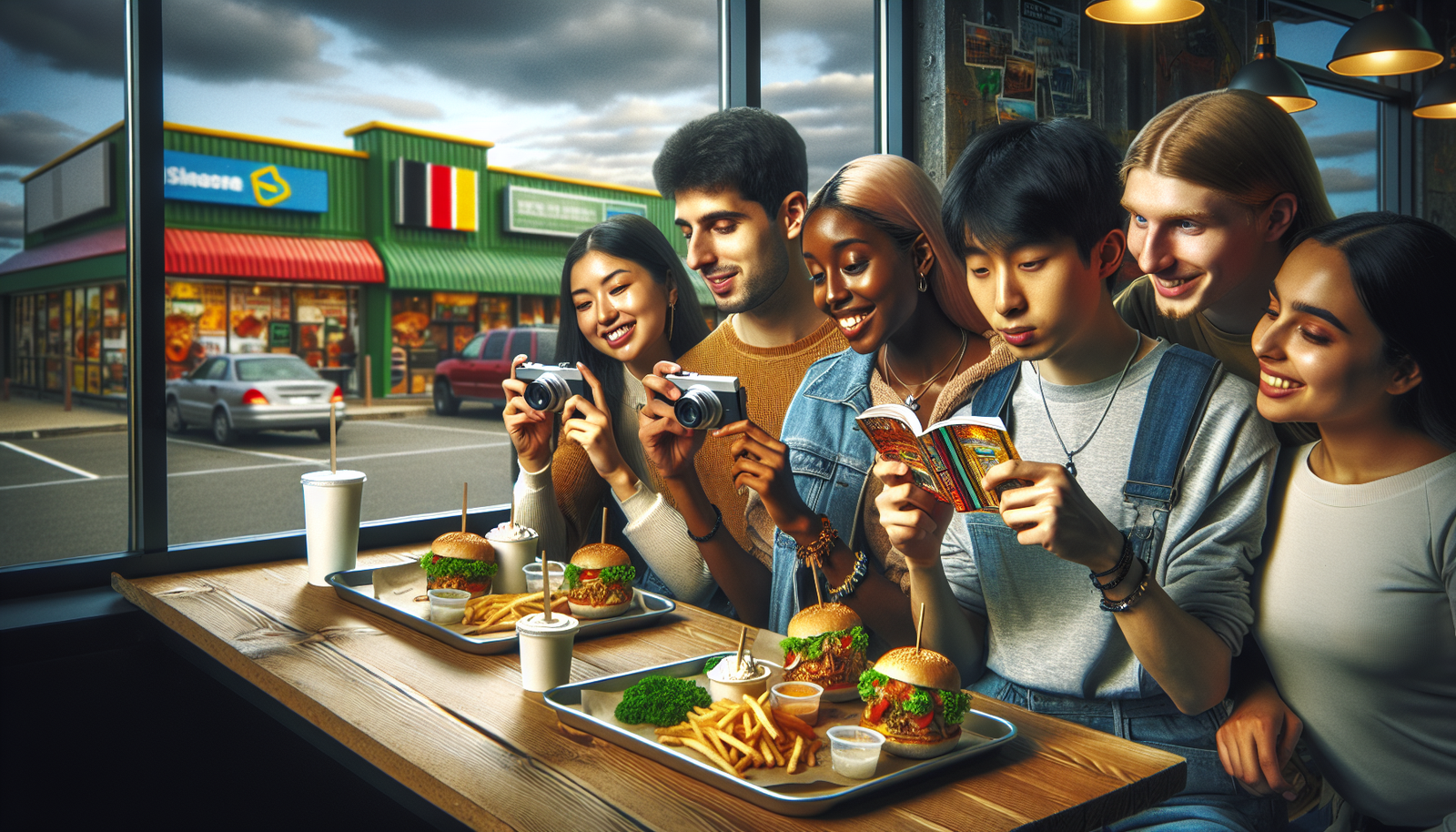 Young friends taking Instagram photos of food at a chain restaurant in a strip mall