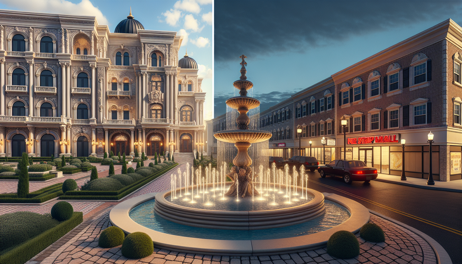Comparison of European piazza and its American dupe destination with strip mall in background