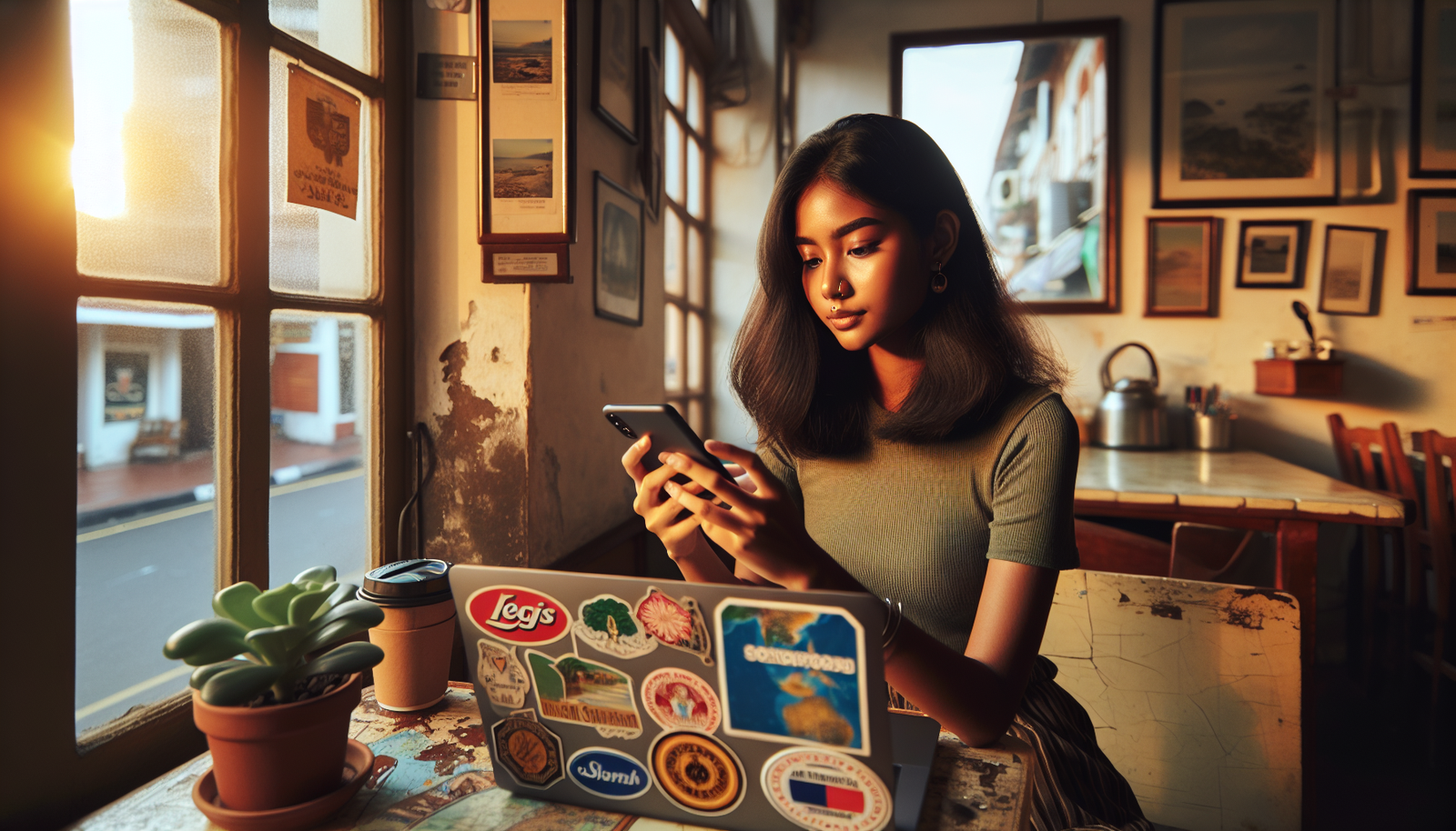 Young traveler comparing travel photos on phone with their modest local surroundings