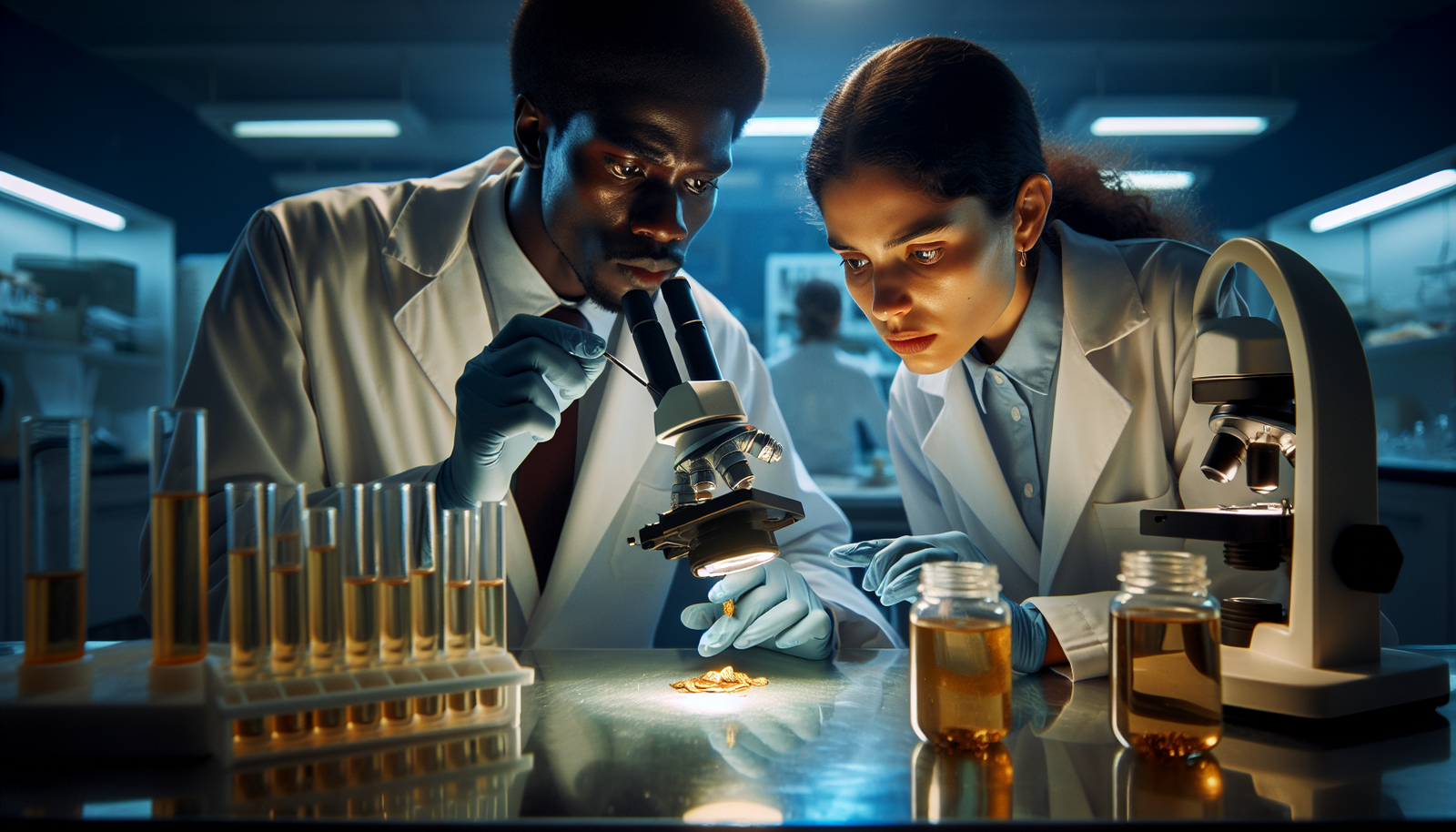 Marine biologists examining golden specimen in laboratory