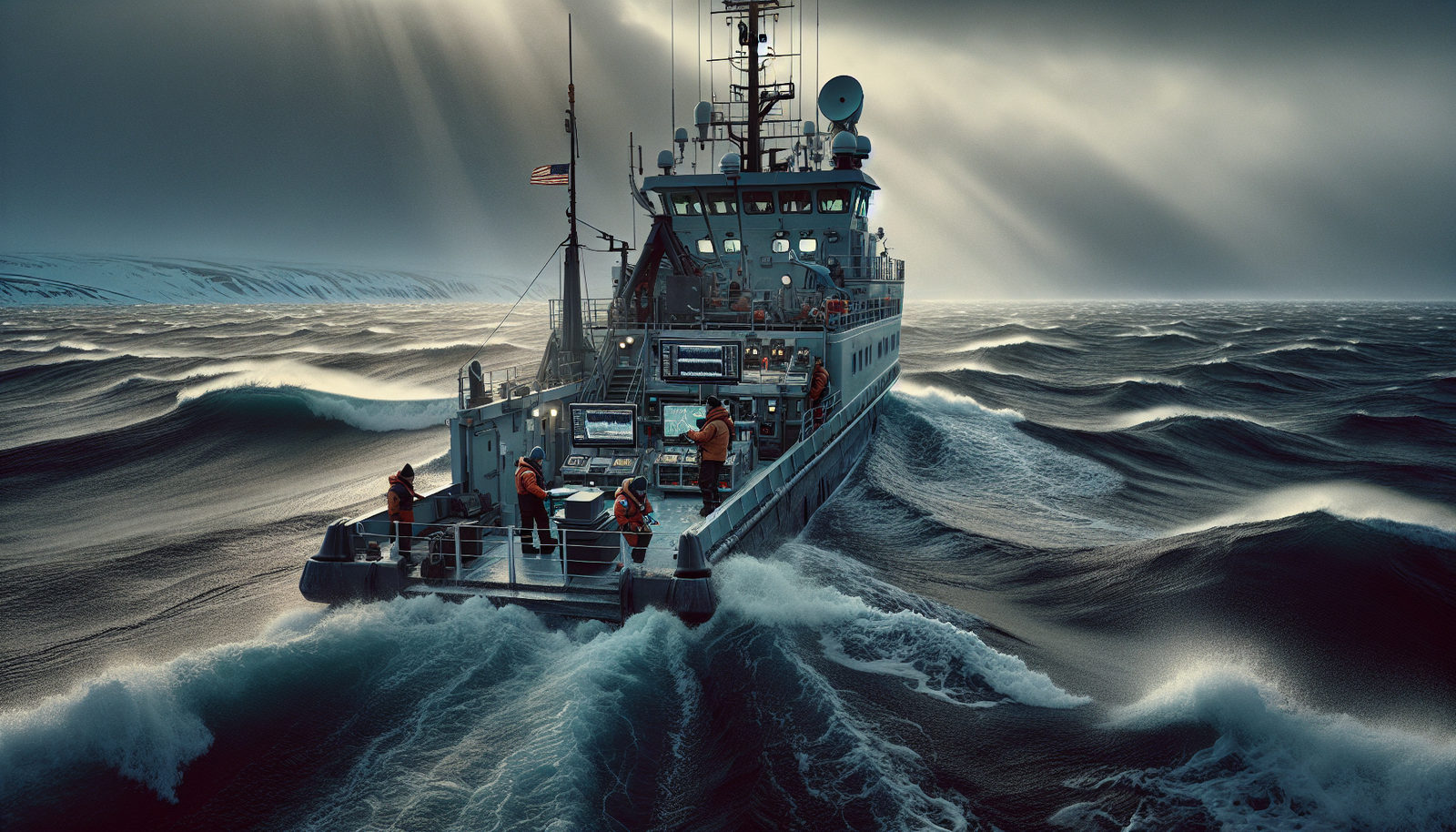Research vessel in the cold grey waters of the Gulf of Alaska