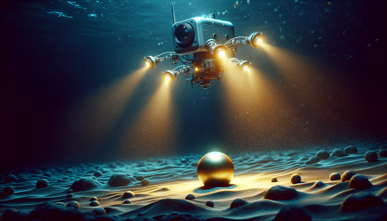 Deep sea ROV examining glowing golden sphere on ocean floor