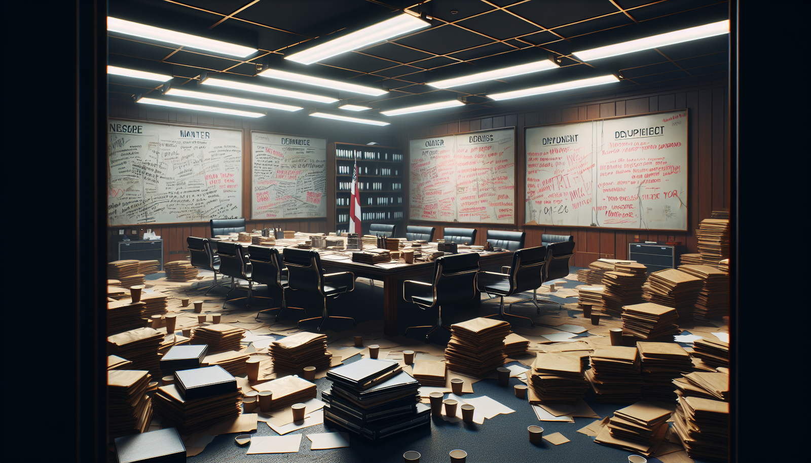 Diplomatic conference room with demands written on whiteboard