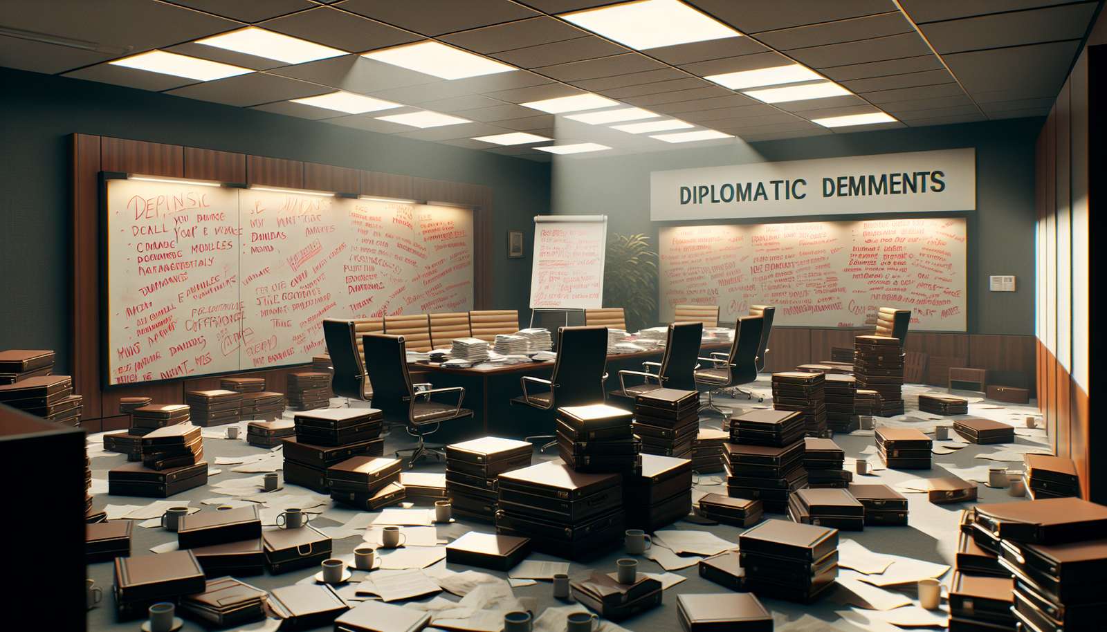 Diplomatic conference room with demands on whiteboard