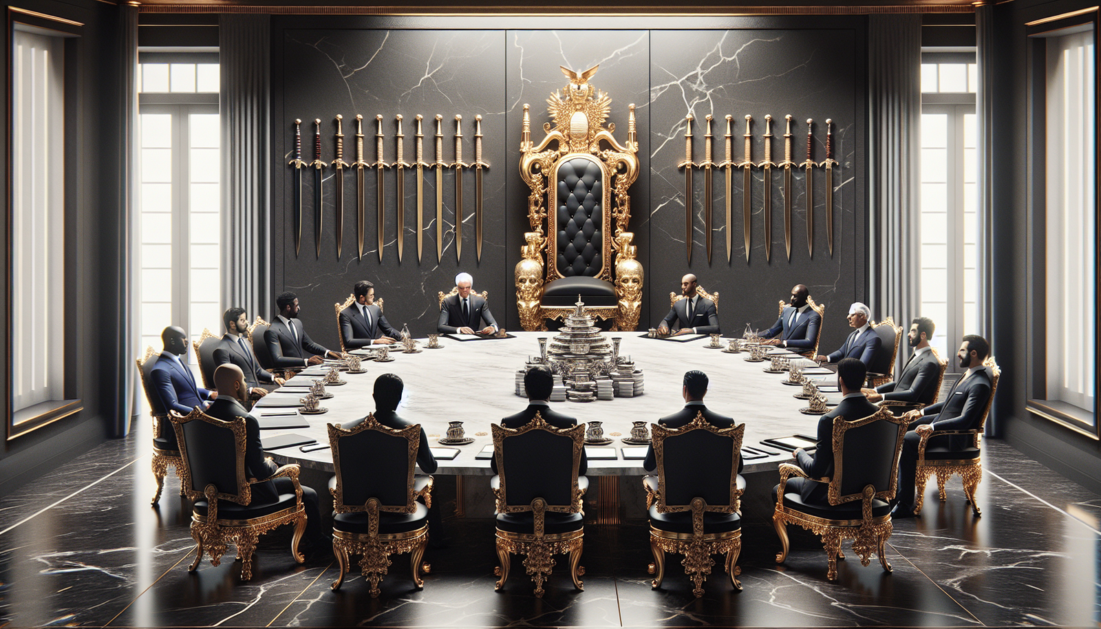 Ornate diplomatic chamber with empty golden chair at negotiating table