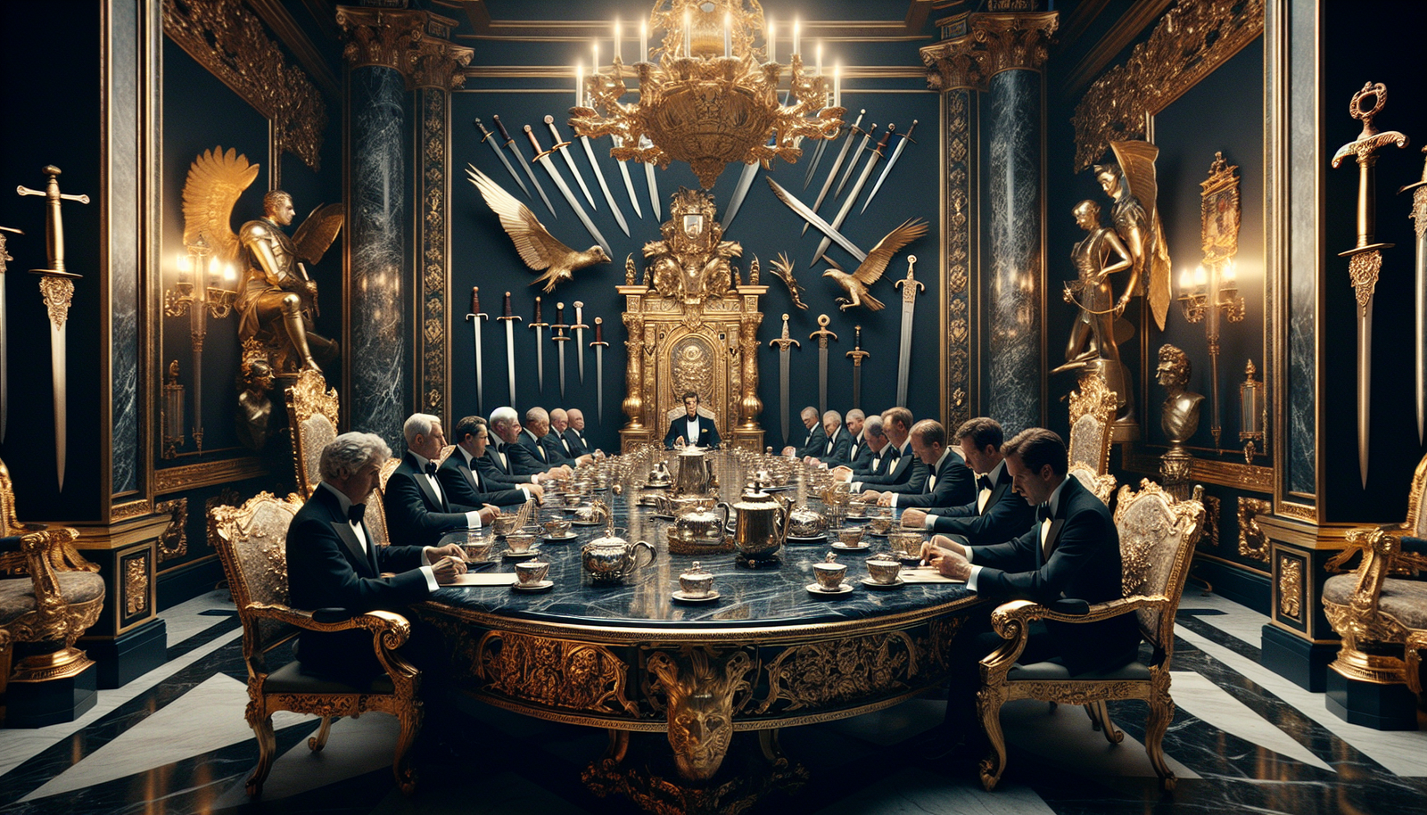 Ornate diplomatic meeting room with empty golden chair