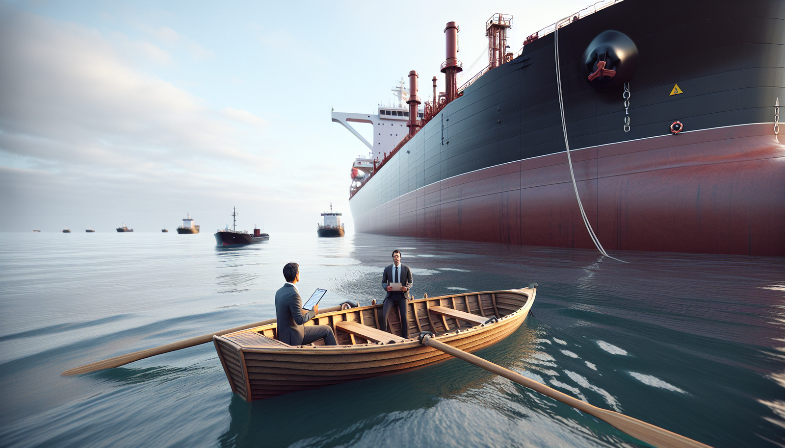 Supertanker stopped at channel entrance blocked by tiny rowboat