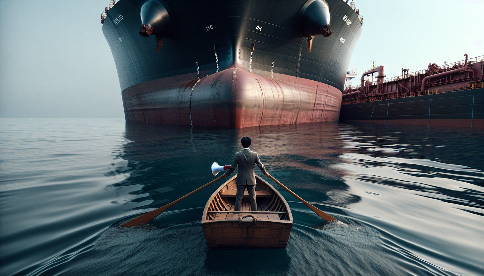 Oil supertanker blocked by tiny rowboat with negotiator