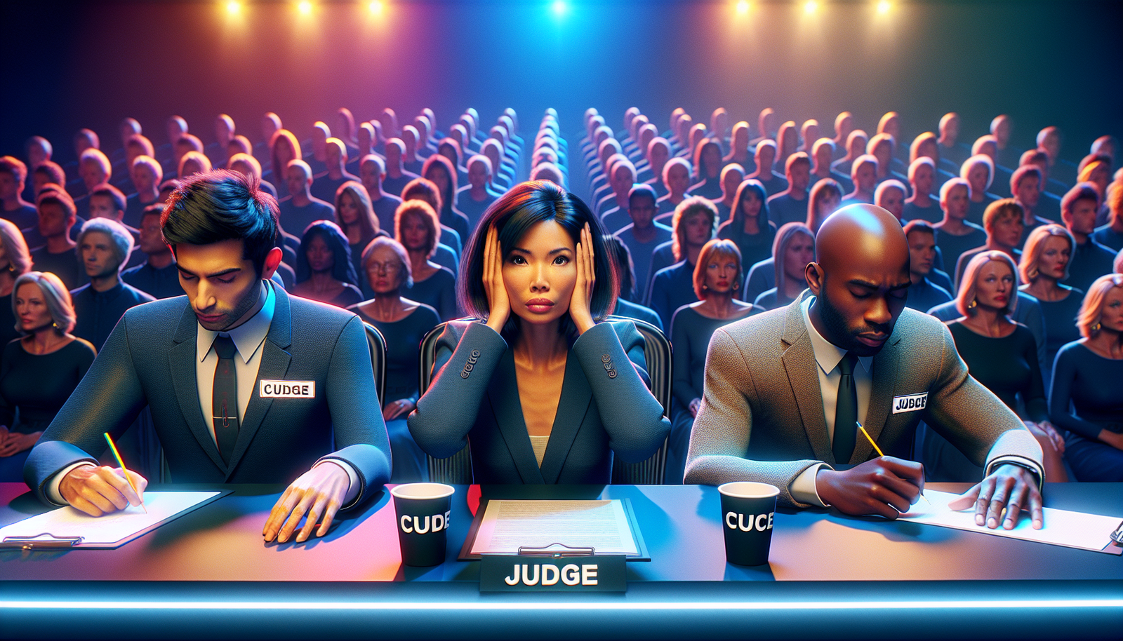 TV judges behind table reacting to performances with mixed expressions