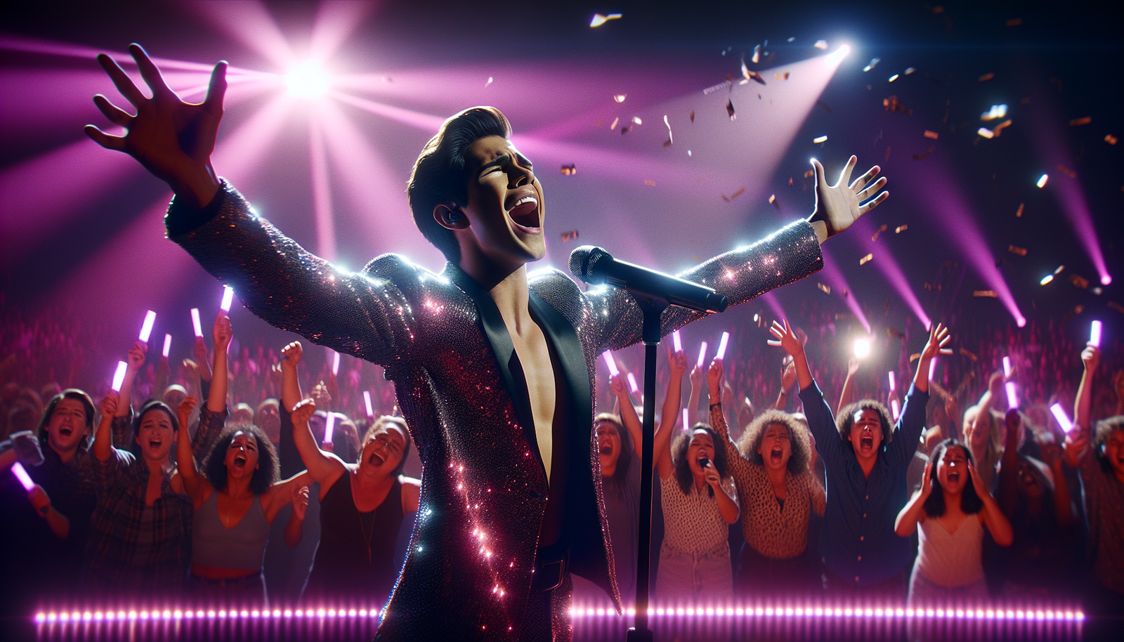 Young singer performing on glittering TV competition stage with crowd waving glow sticks