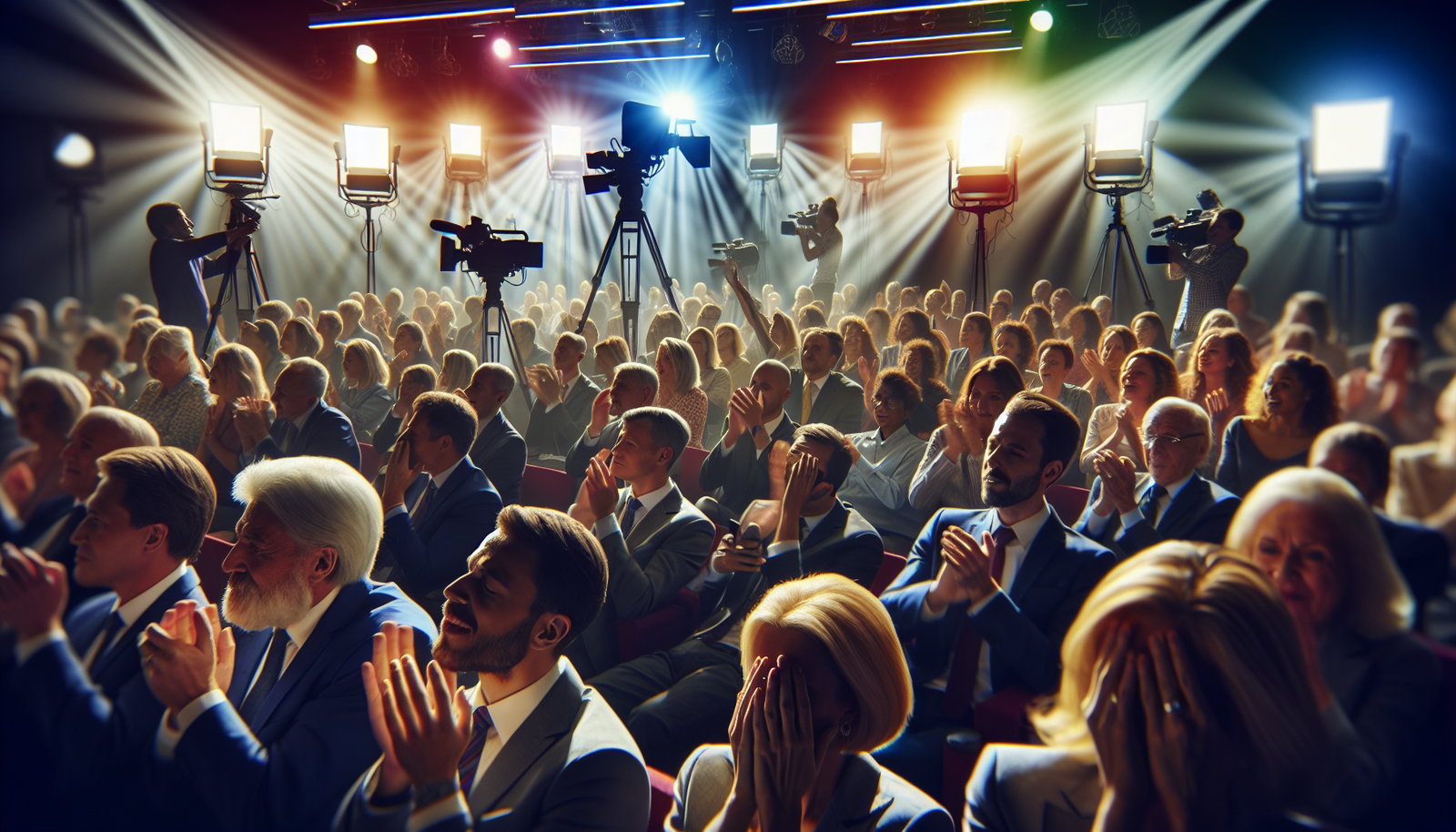 Studio audience reacting with mixed emotions to TV competition performances