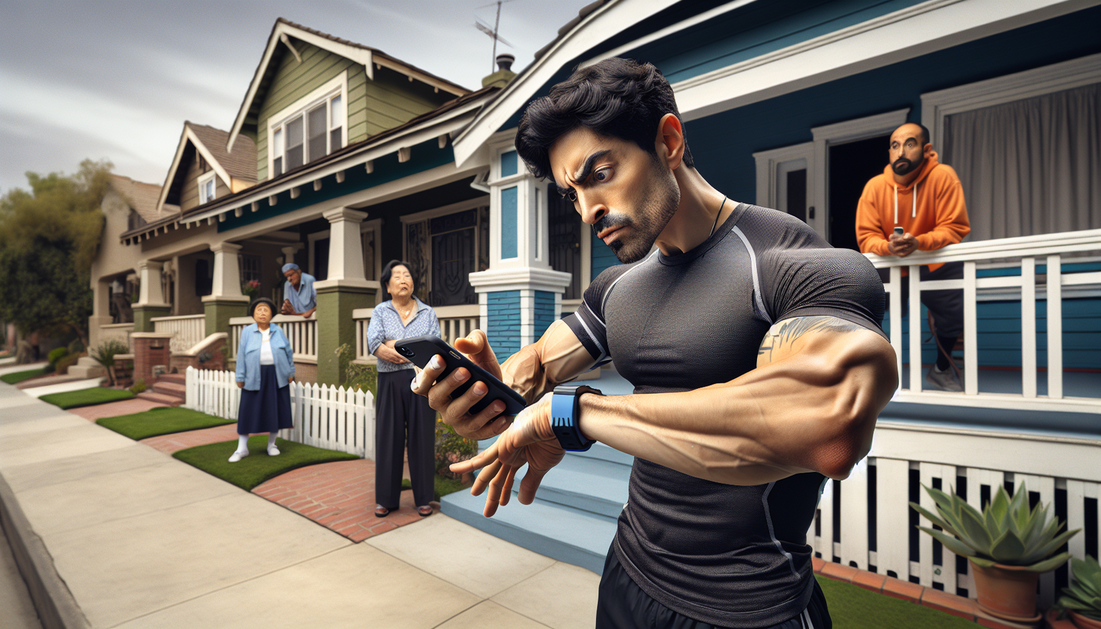 Person walking with exaggerated precise posture while checking step-counting app