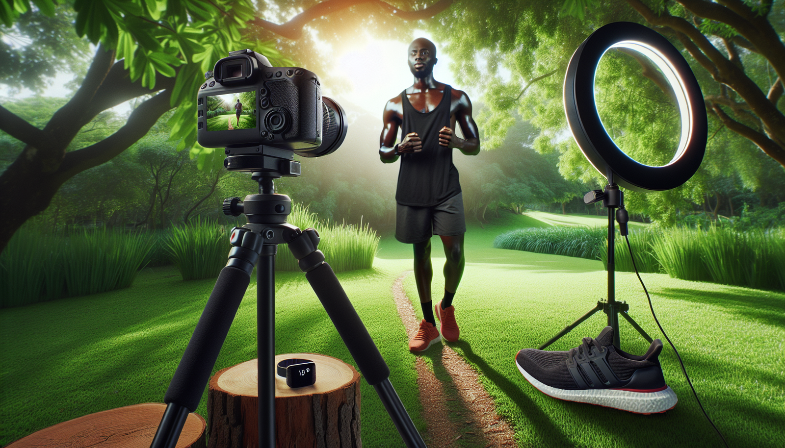 Wellness influencer filming themselves walking in a park with ring light setup