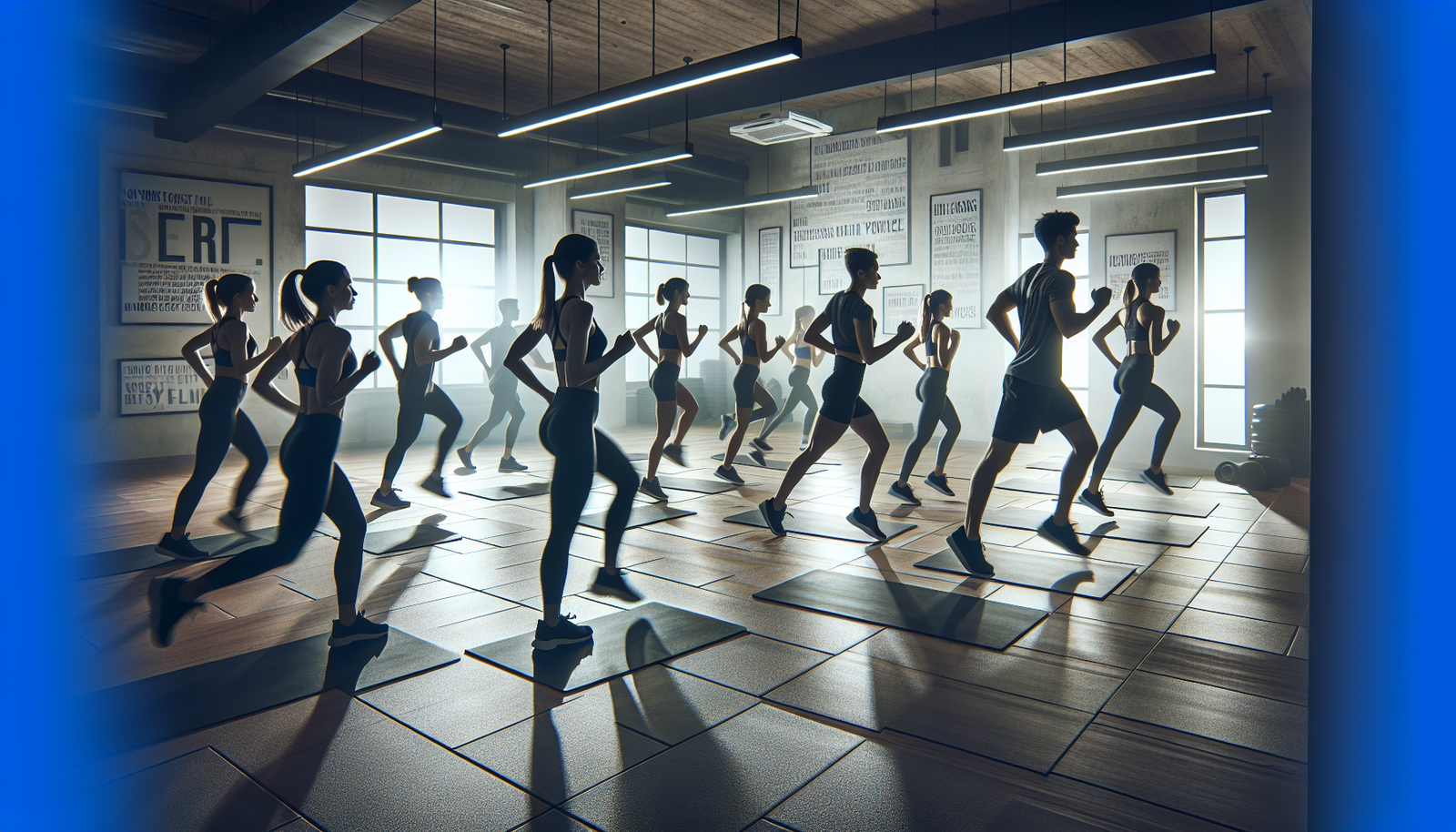 Fitness class participants walking in formation with instructor demonstrating technique