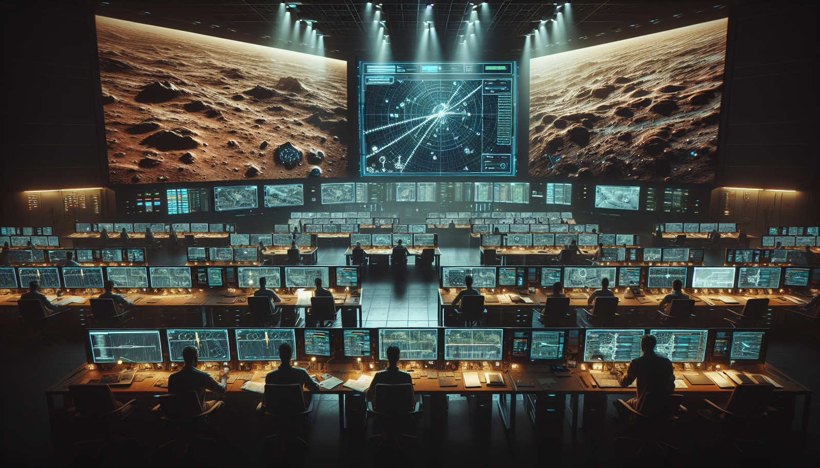 NASA mission control room with Mars terrain maps on large screens