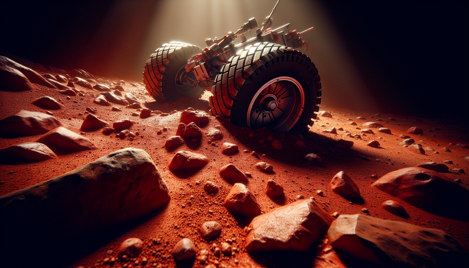 Mars rover wheel navigating between red rocks on Martian surface