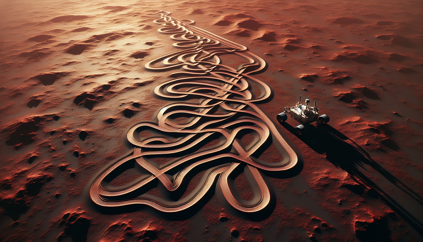 Satellite view of rover tracks forming a zigzag pattern across Mars terrain