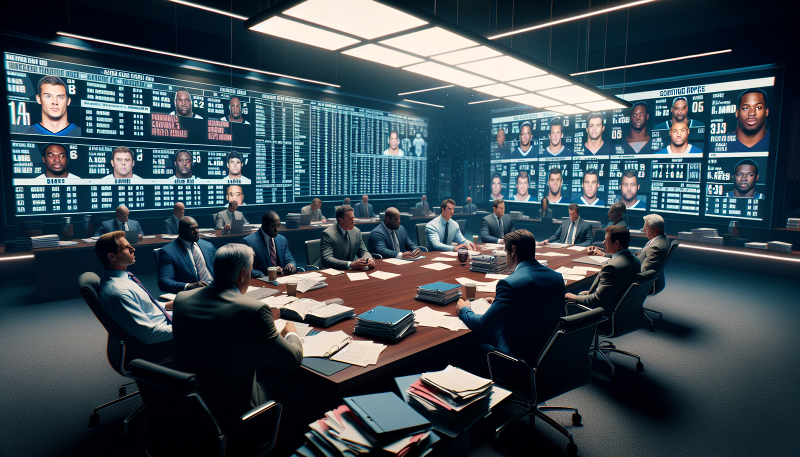 NFL team scouts reviewing scouting reports around conference table