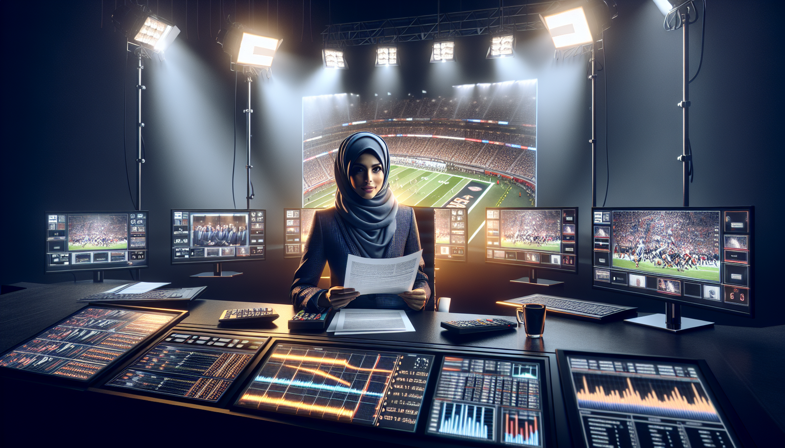 Sports analyst at broadcast desk reviewing scouting report with football stats on screens