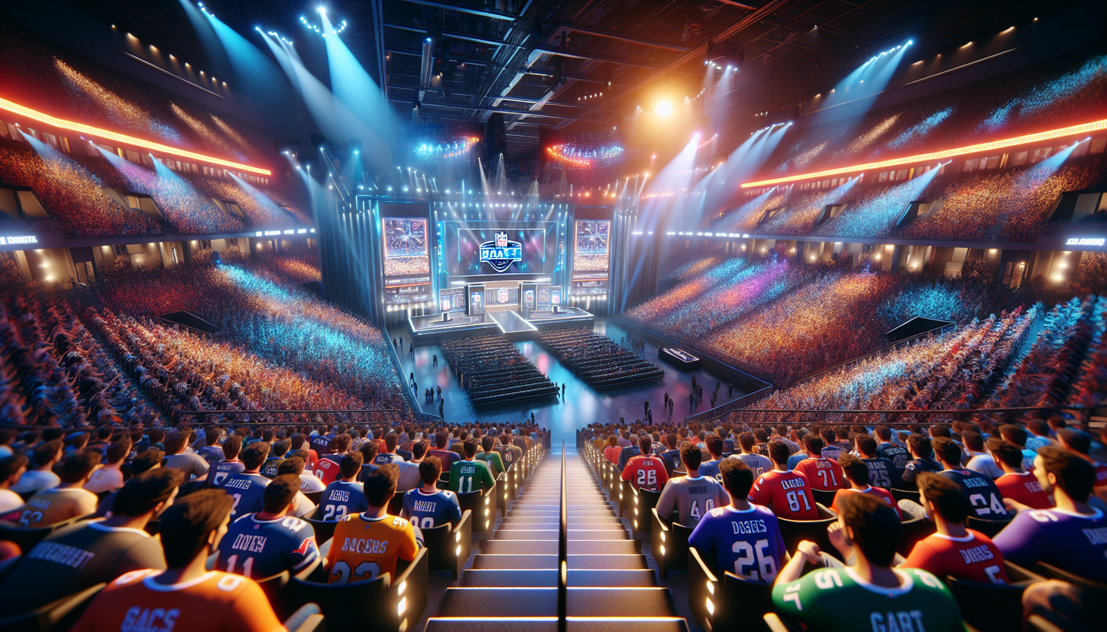 Packed NFL draft arena from above with fans and stage lights