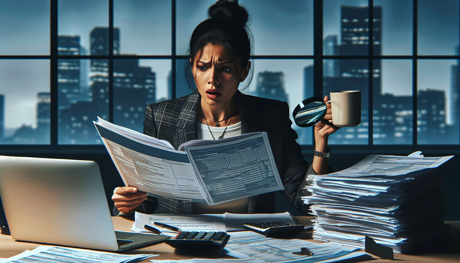 Business owner reading complex government instruction booklet with magnifying glass