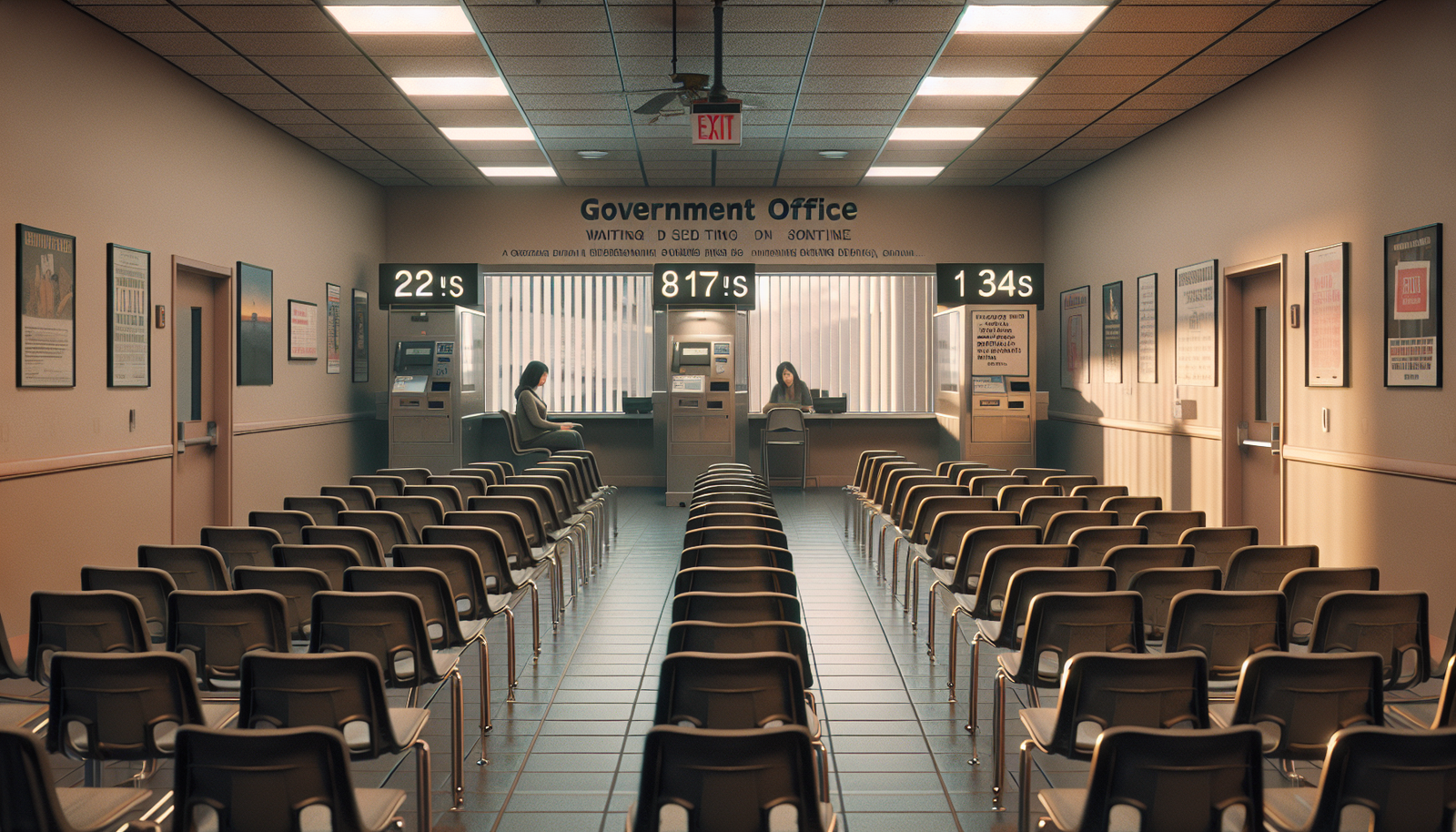 Long government waiting room with plastic chairs and single clerk behind glass