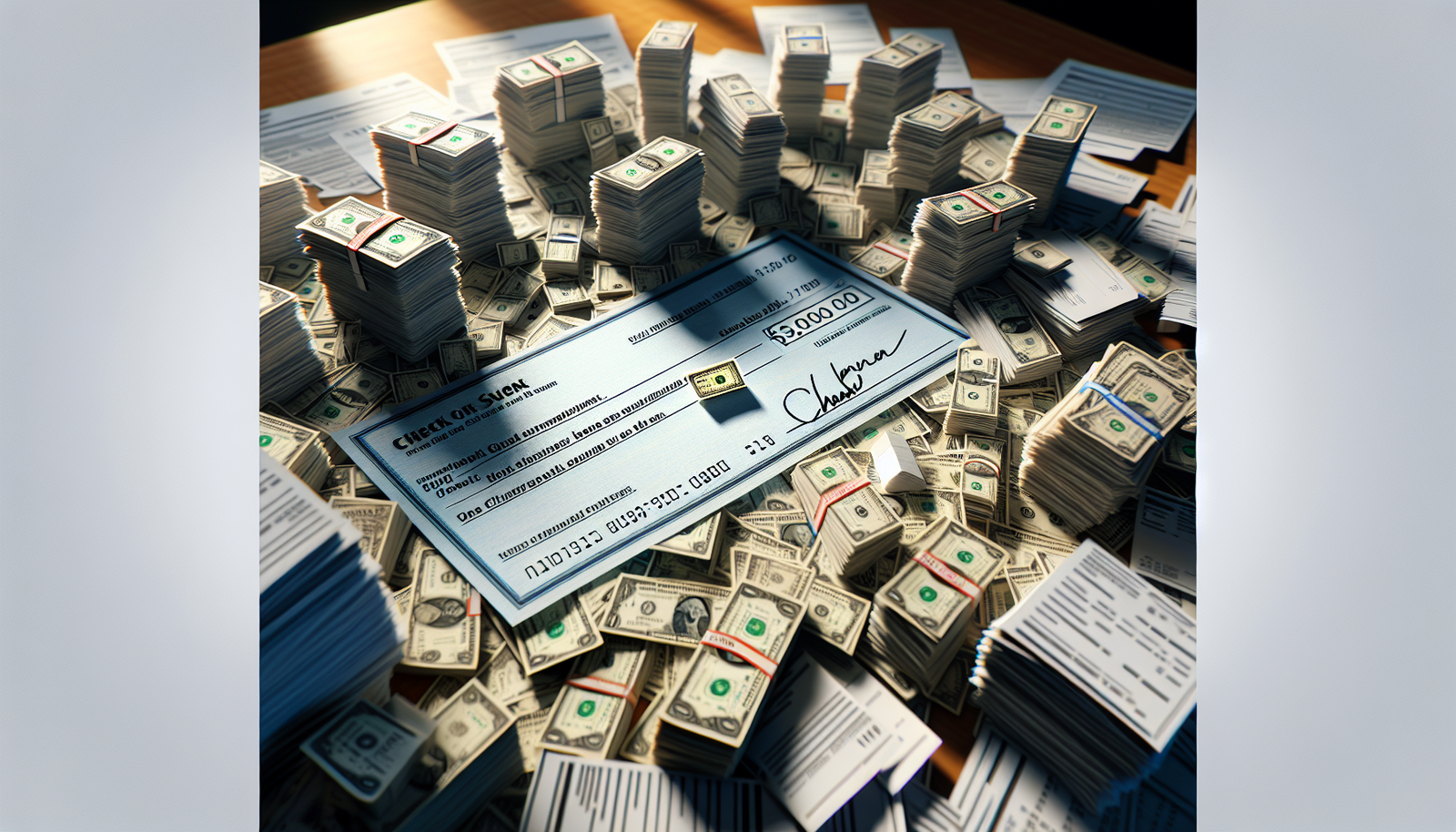 Tiny refund check dwarfed by enormous pile of invoices and bills