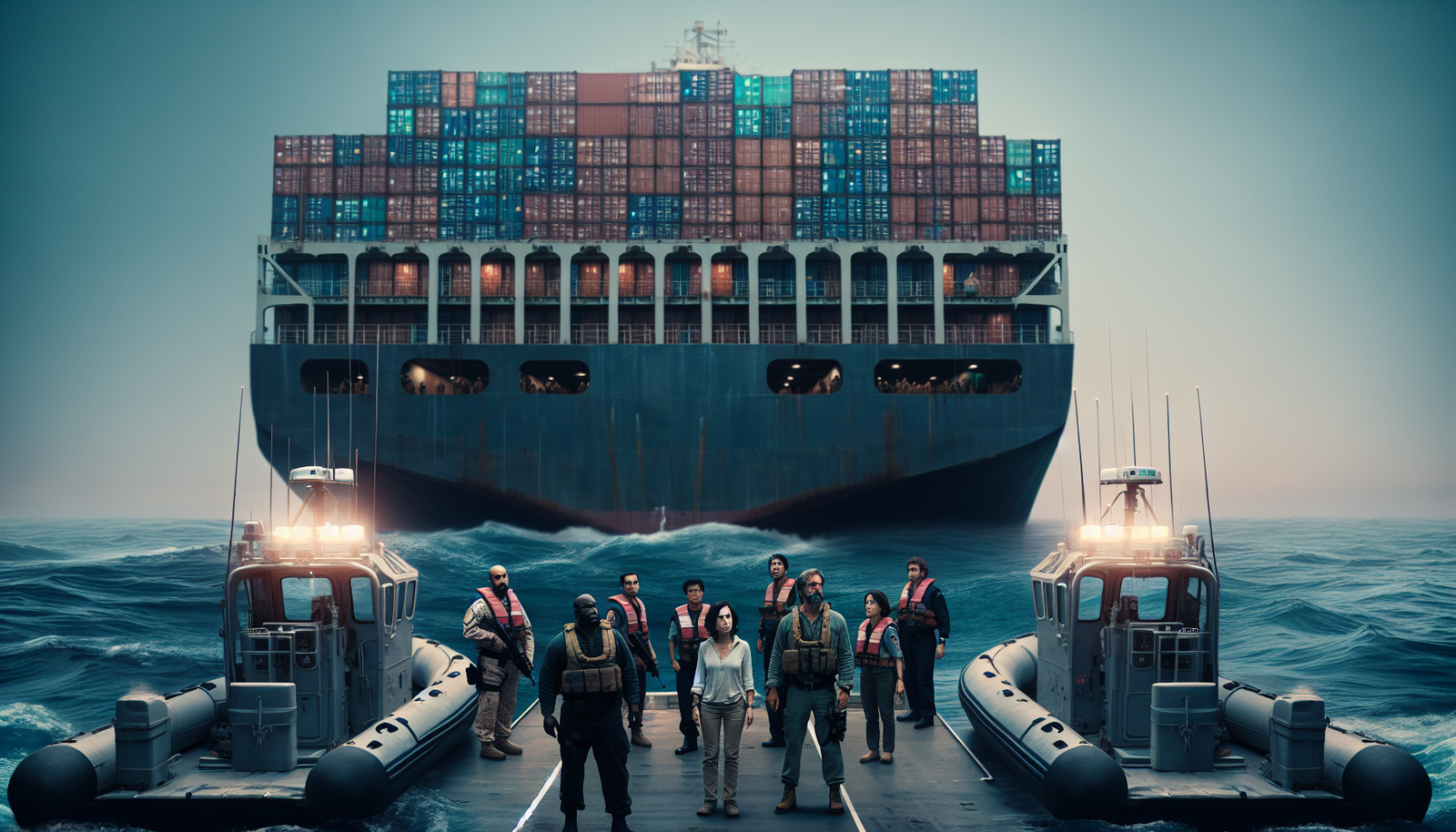 Cargo ship stuck between opposing naval vessels in a narrow strait