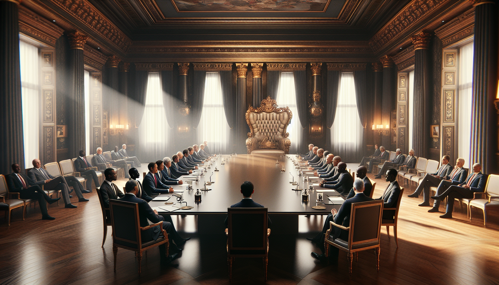 Diplomats at a long conference table both pointing at an empty chair