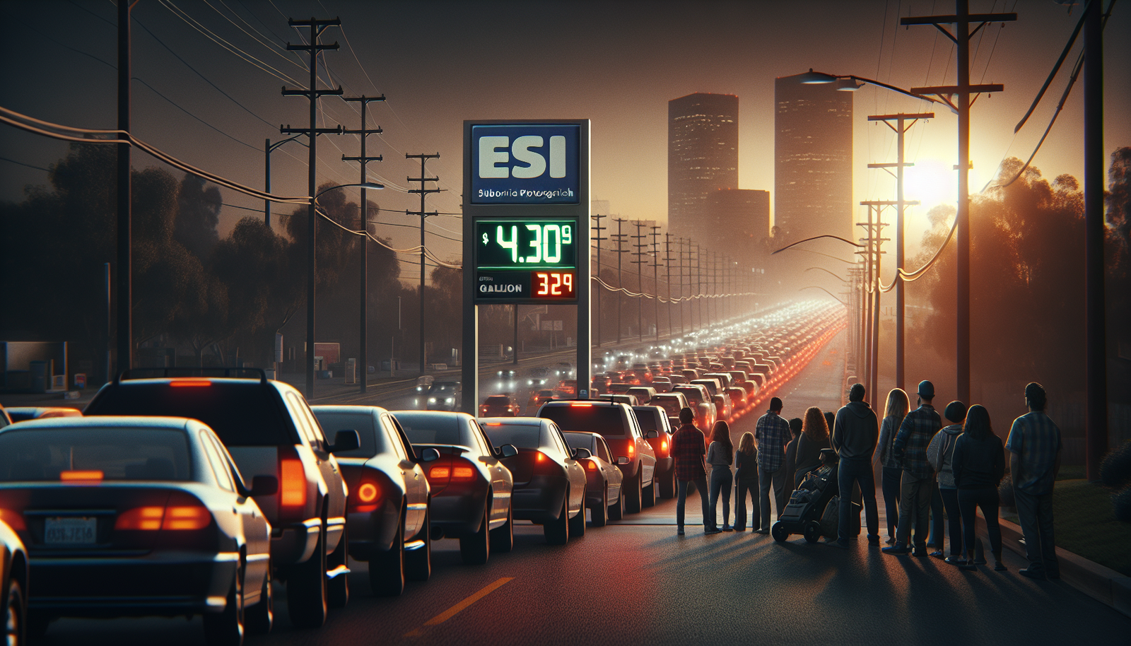 Gas station sign showing $4.30 per gallon with long queue of cars
