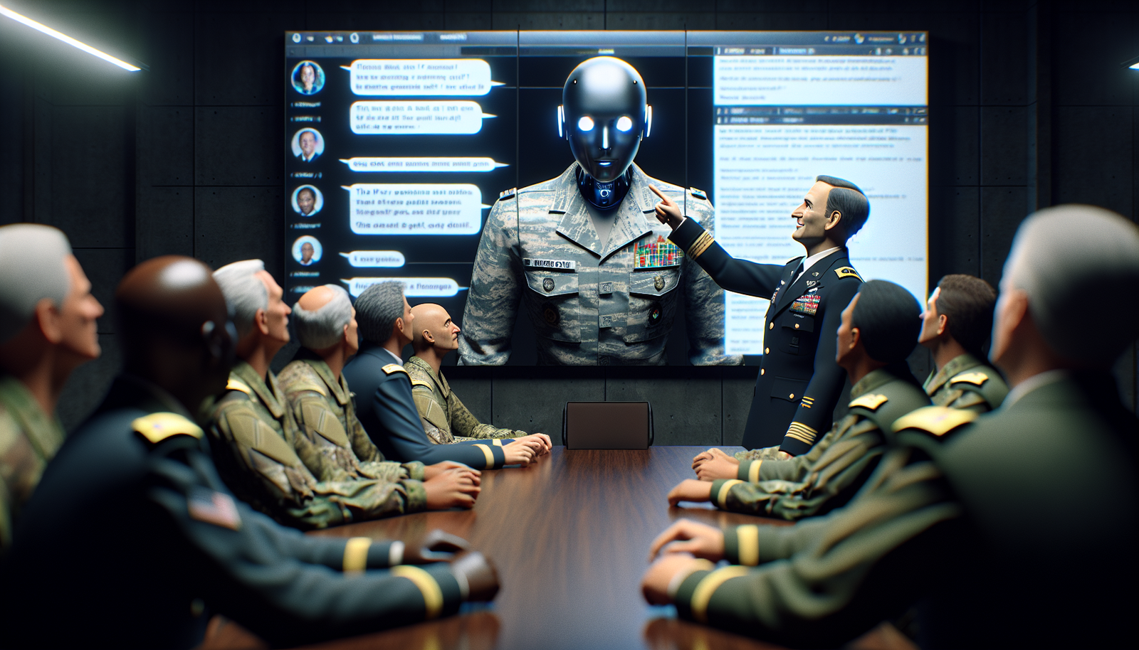 Military officer pointing at AI chatbot screen while colleagues look baffled