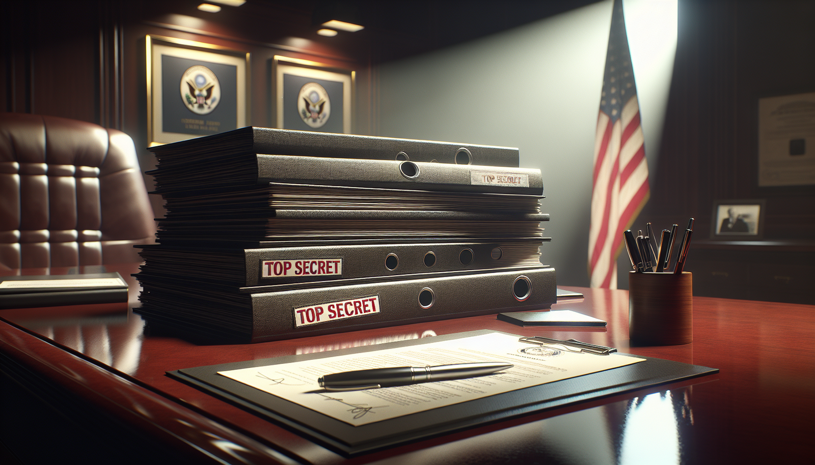 Stack of top secret government contract folders on a desk