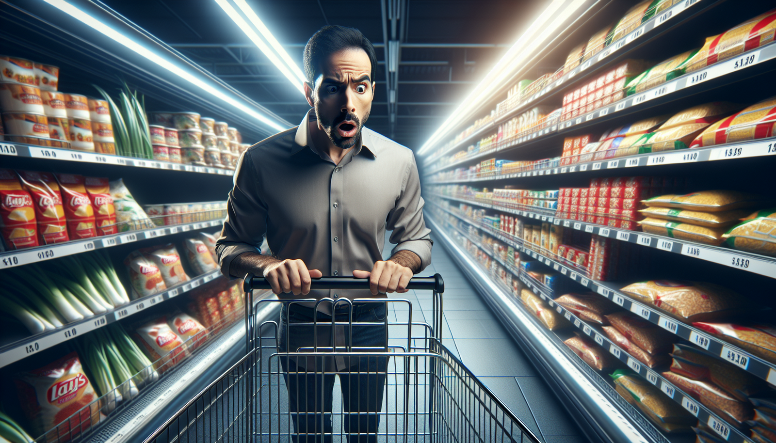 A supermarket checkout line with a cashier scanning items as customers wait with full carts