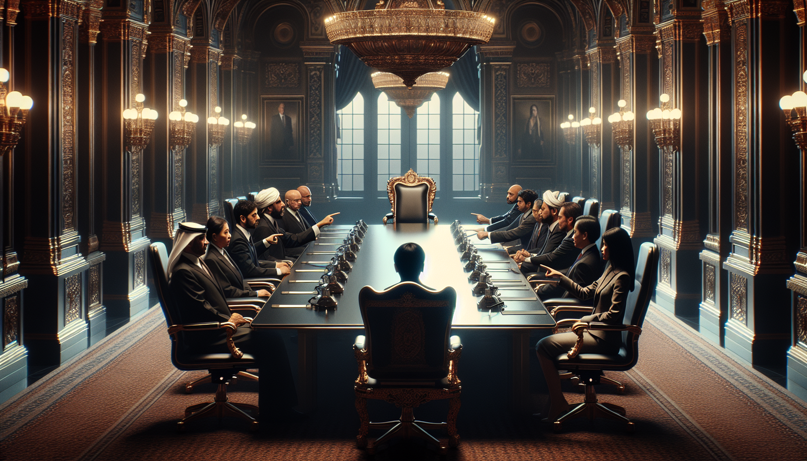 Diplomats at negotiating table pointing at empty chair