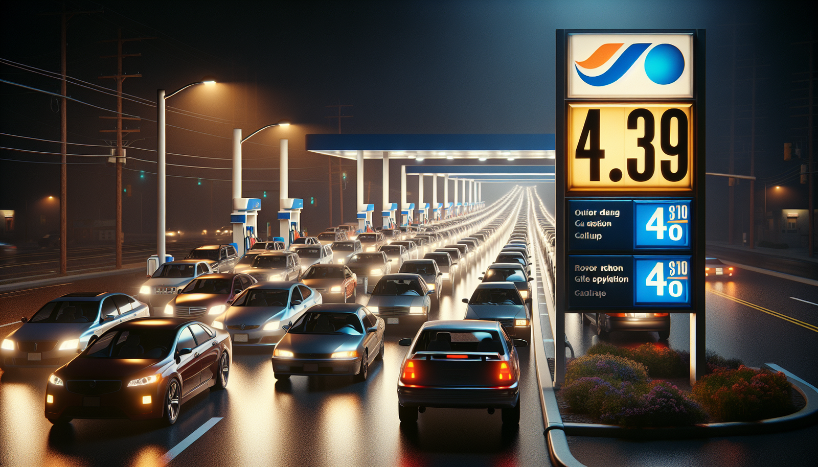 Gas station price sign showing $4.30 per gallon with long car queue
