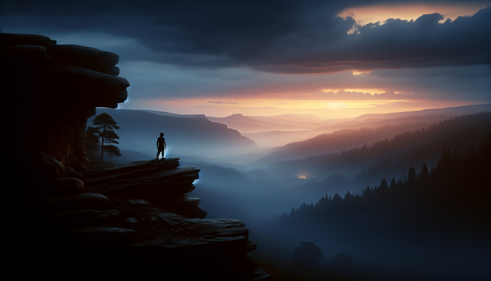 Lone prehistoric figure isolated on a clifftop
