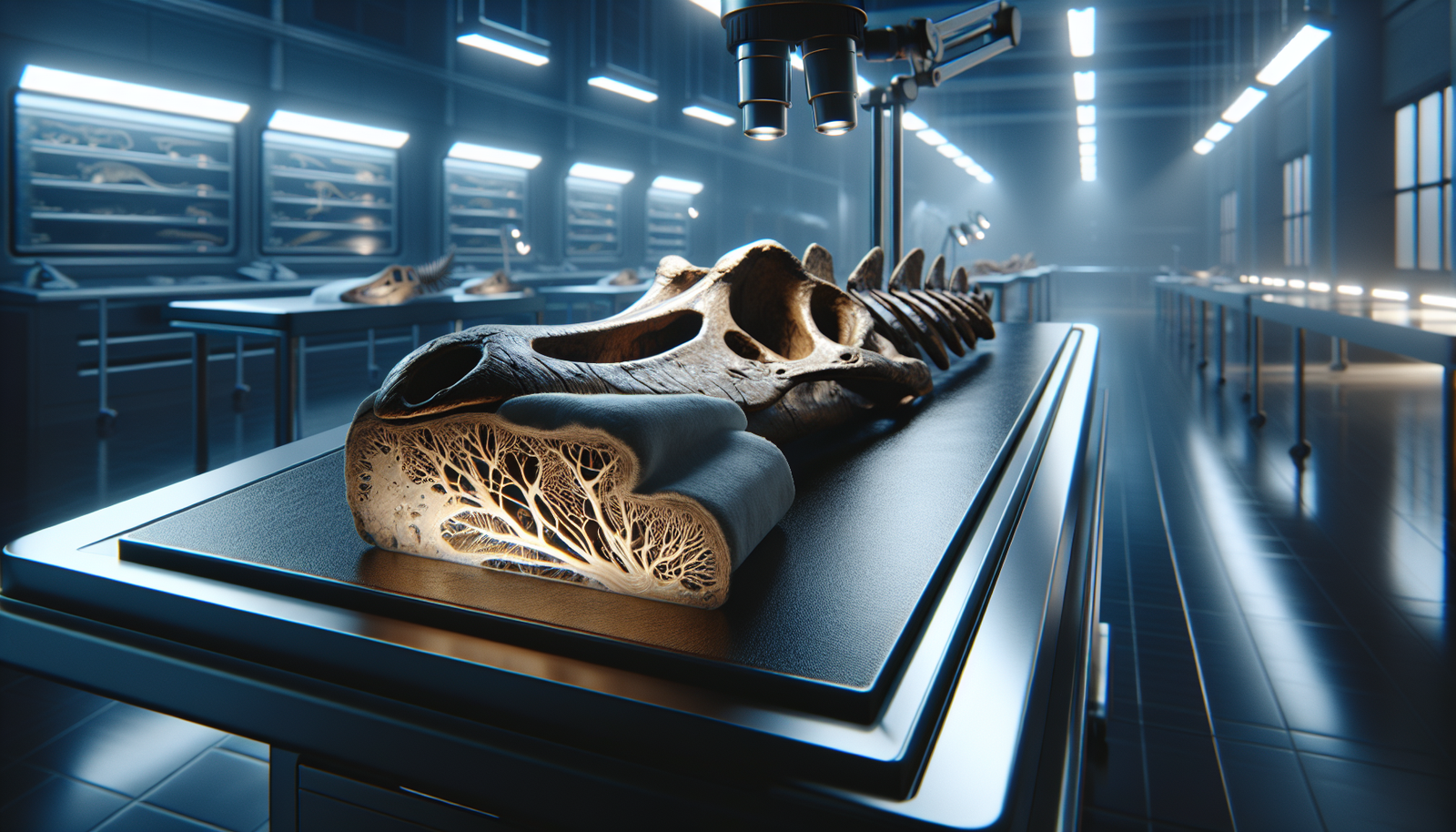 Ancient fossilized bones under laboratory examination