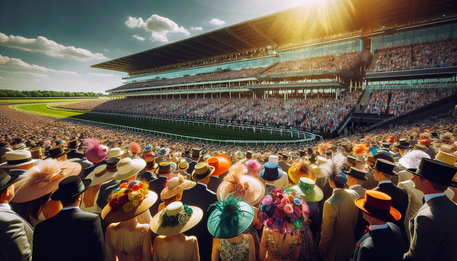 A large crowd filling the grandstand at Churchill Downs horse racing track on Derby day