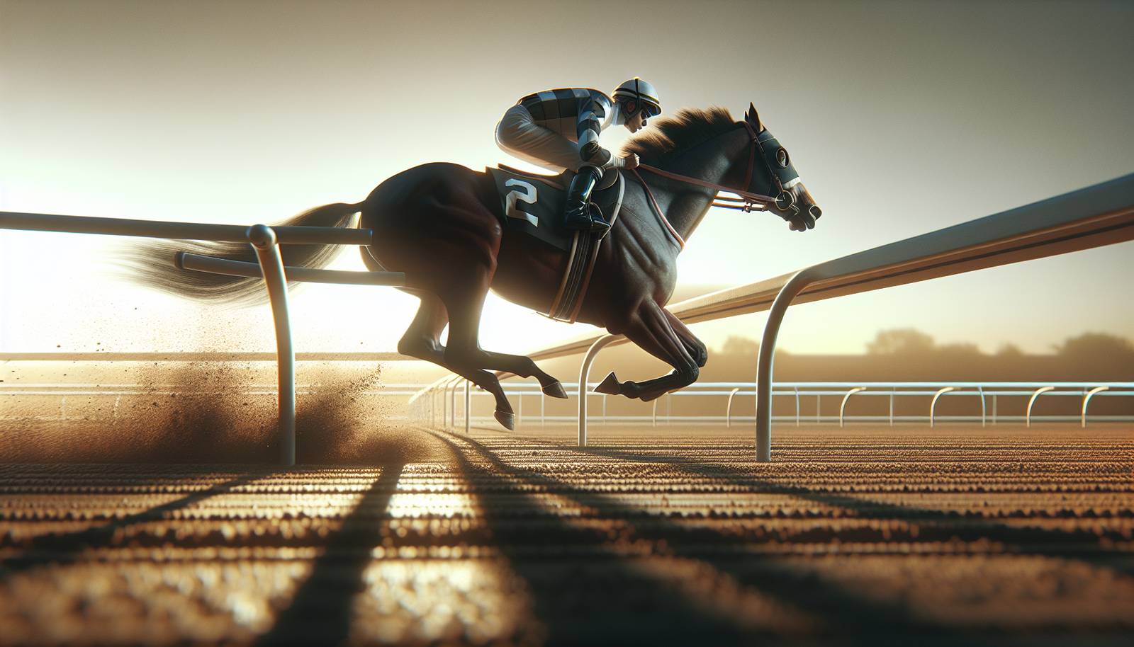Jockeys on thoroughbred horses racing at full gallop on a dirt track with a packed grandstand
