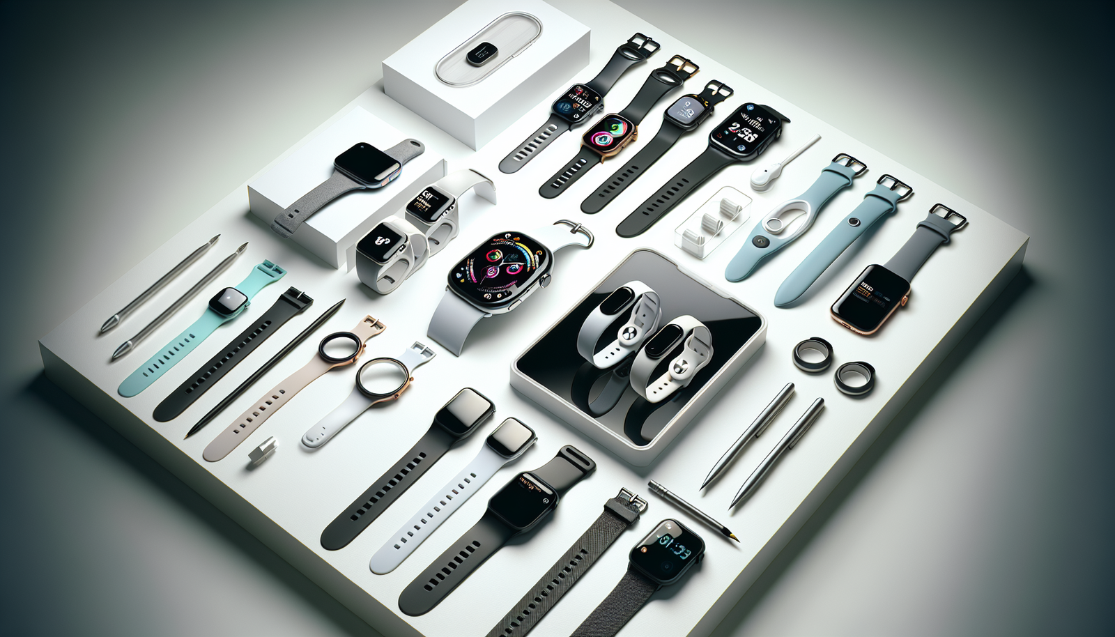 Fitness trackers and smartwatches lined up in a row